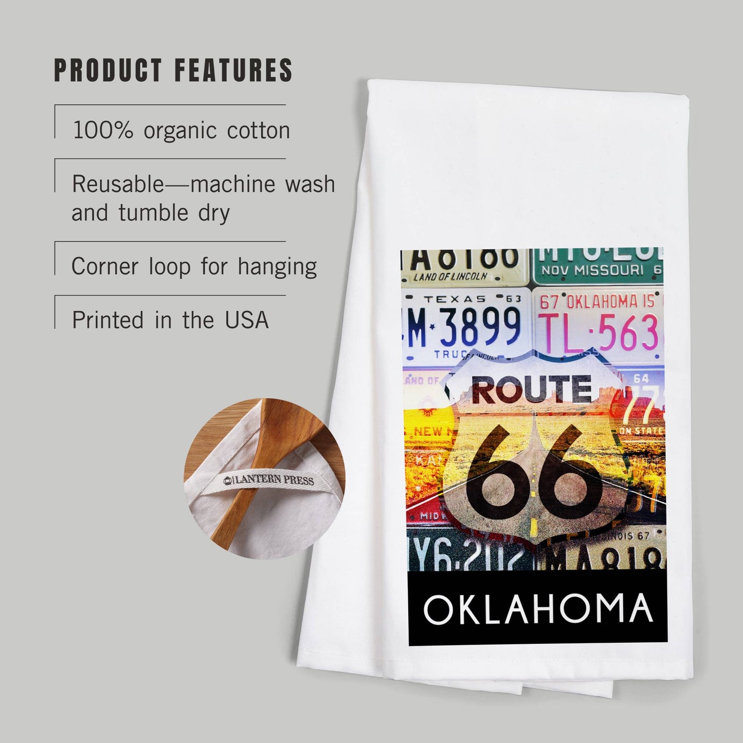 ORGANIC TEA TOWEL Oklahoma, Route 66 License Plates