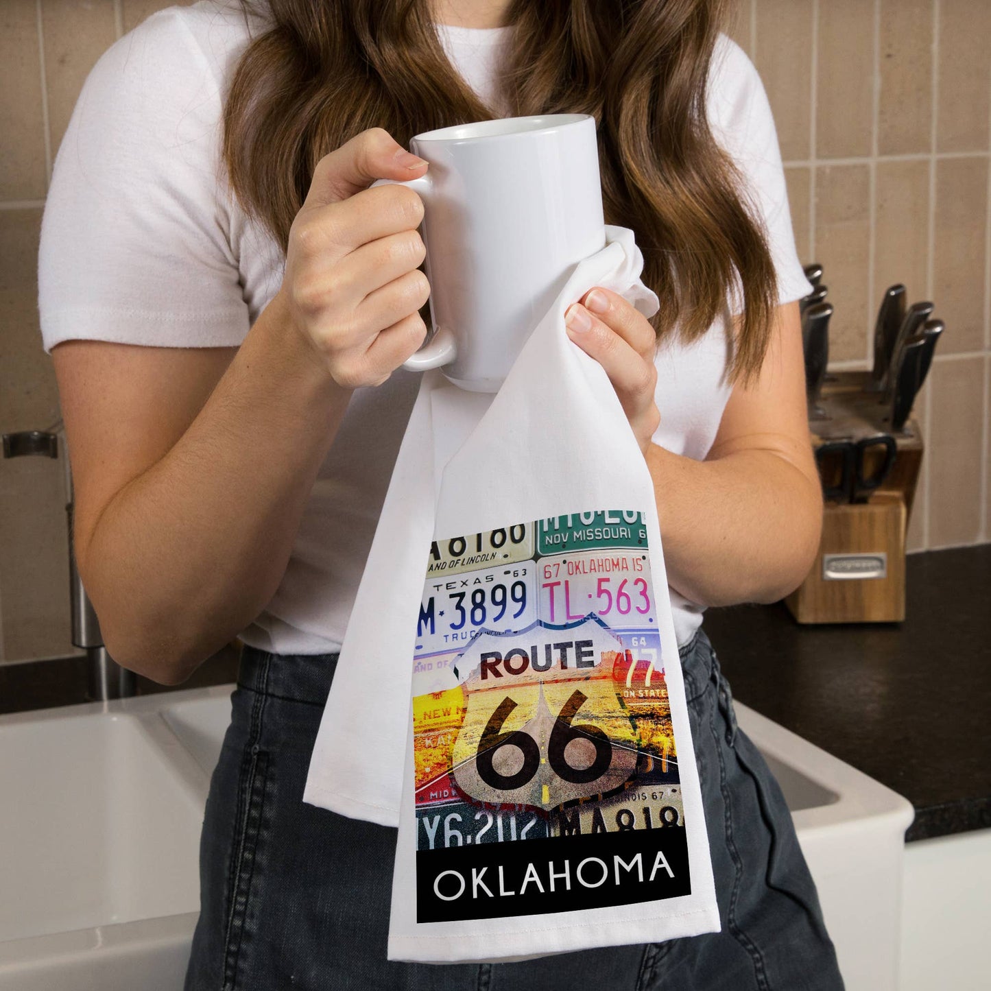 ORGANIC TEA TOWEL Oklahoma, Route 66 License Plates