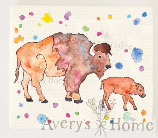 Bison Mom & Baby Western / Rodeo Swedish Dishcloth
