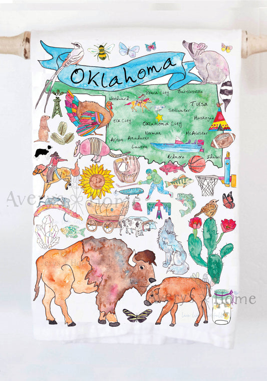 Oklahoma State Map City Souvenir Tea Towel